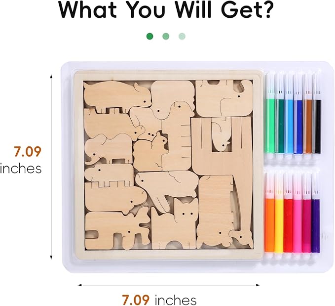 WODI Wooden Animal Puzzle Matching Game Montessori Toys for 3+ Year Old Puzzle for Toddlers Paint Your Own Animal Blocks with 12 Colored Pens Open Ended Toys Gifts for Kids