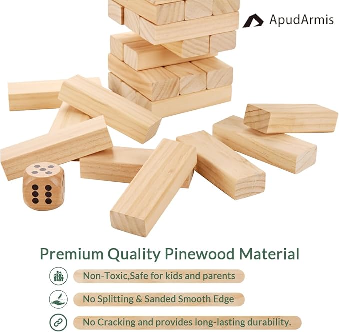 ApudArmis Giant Tumble Tower Stack to Over 5Ft, 56 PCS Pine Wooden Stacking Timber Game with 1 Dice Set - Classic Block Giant Outdoor Game (7.48 * 2.48 * 1.5In Each Block)