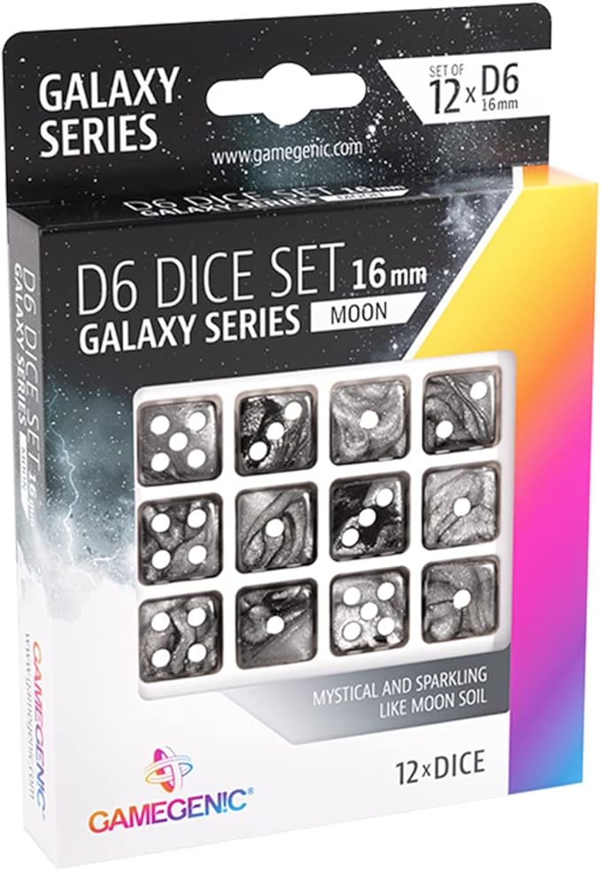Galaxy Series Moon D6 Dice Set | Set of 12 Six-Sided Dice | Premium Quality Resin Dice for Dice Games, Board Games and Card Games | Cosmic Glittering Design | Black Color | Made by Gamegenic
