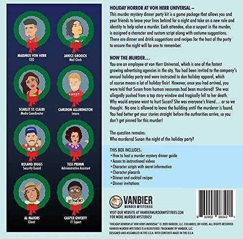 Holiday Horror at von Herr Universal, an Ugly Sweater-Themed Murder Mystery Dinner Party Game for 8 Adult Players