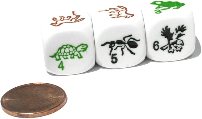 Koplow Games Set of 6 Species 16mm Dice - White with Multi-Color Etched Animals and Numbers