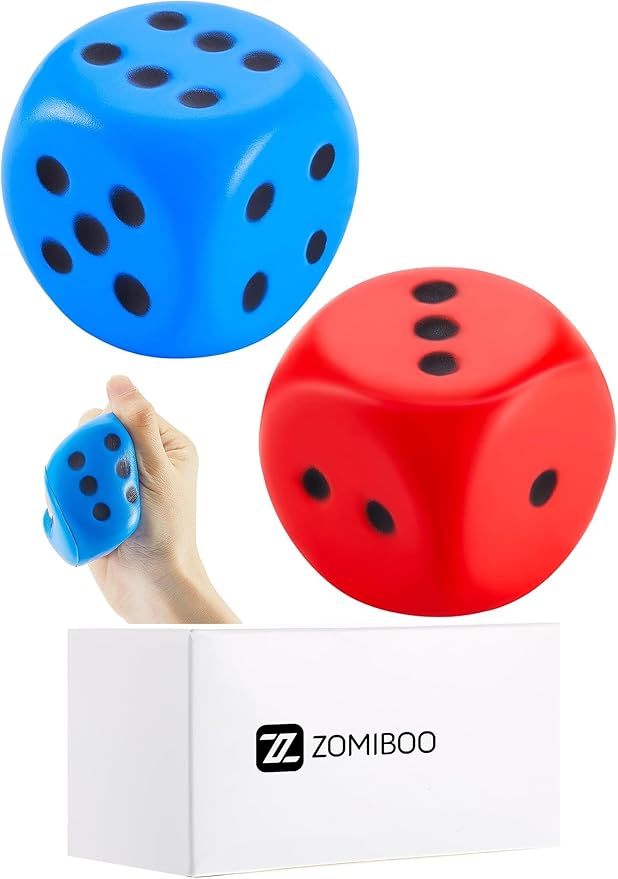 Zomiboo 2 Pcs Large Foam Dice Stress Balls Soft Jumbo 6 Sided Giant Dice Educational Learning Squeeze Anxiety Relieve Toy Gifts for Adults Kids Board Game Classroom(Red, Blue,2.3 Inch)