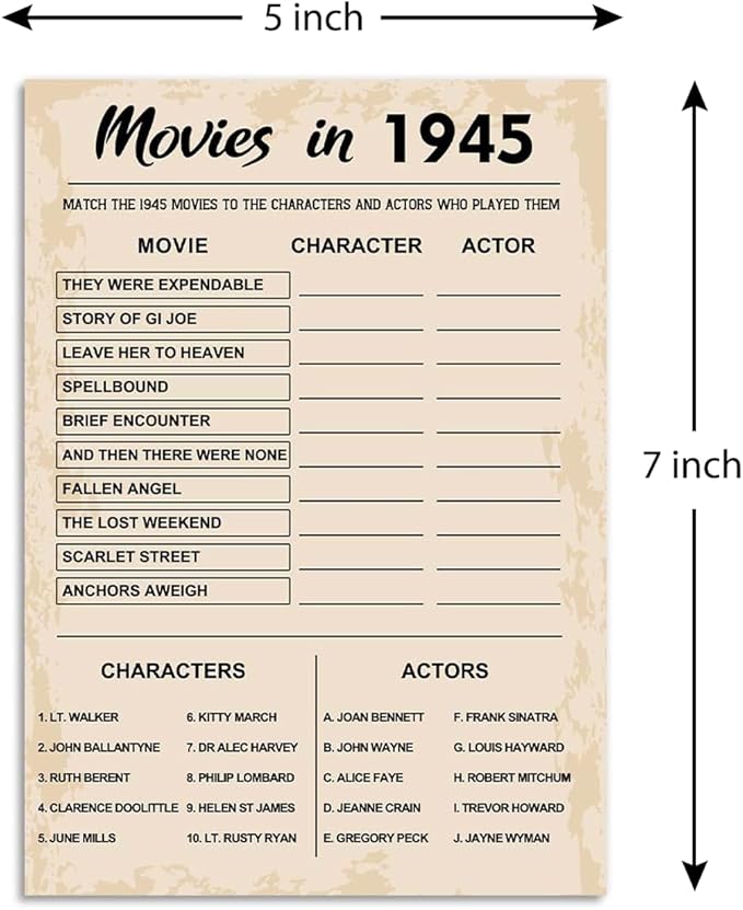 80th Birthday Party Games, Movies of 1945 Games, Birthday Party Supplies for Adults, Fun 1945s Party Game，Pack of 30 Cards