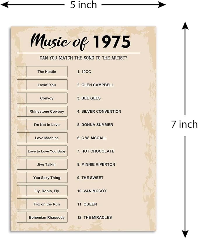 QUPT 50th Birthday Party Games, Music of 1975 Games, Birthday Party Supplies for Adults, Fun 1975s Party Game，Pack of 30 Cards