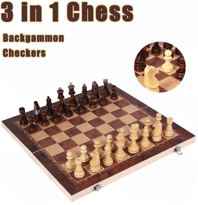 Chess Set,Folding Storage Wooden Chess Board Sets,17" Wooden Chess,3 in 1 Chess Board Game for Adults and Kids (Chess,Backgammon,Checkers)