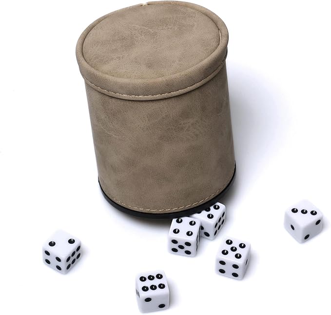Brown Suede Faux Leather Dice Cup Set, Felt Lined PU Leather Dice Shaker with 6 Dice for Liars Farkle Yahtzee Game