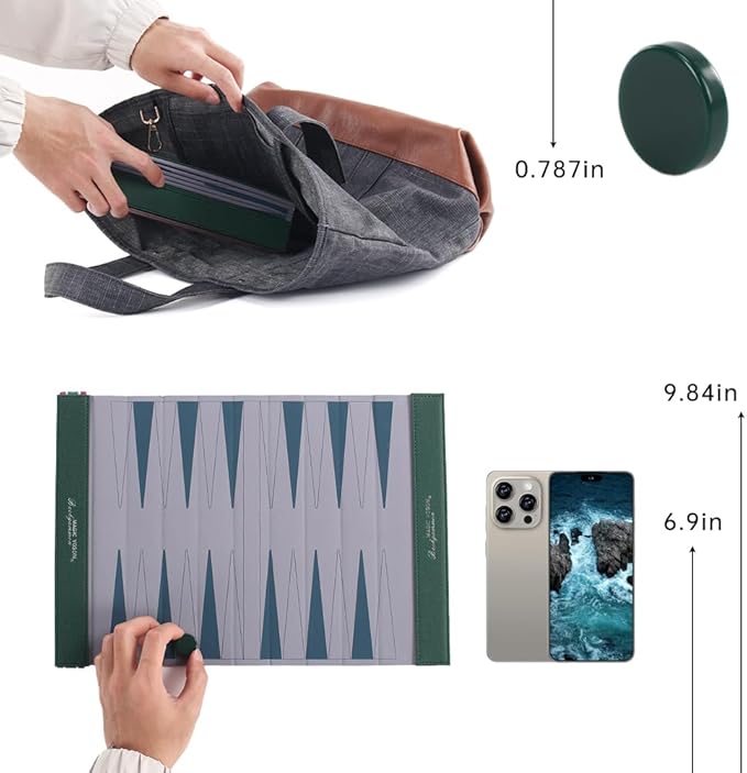 Backgammon Set for Adults, Travel Backgammon Set, Wrinkle-Resistant Foldable Chess and Checkers, Fun Outdoor Games for Family and Friends, Ideal Travel Game Set (Grass Green)