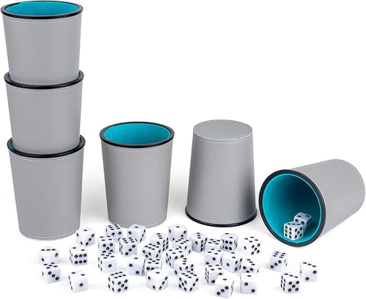 Felt-Lined PU Leather Dice Cup Set, 6 Quiet Dice Shaker Cups with 36 Dices for Bar Party Yahtzee Farkle Dice Games, Grey and Blue