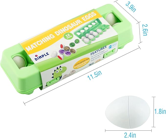 Dimple 12 Dinosaur Egg Matching Toy Play Matching Eggs Easter Toy w/Holder - Egg Toys for Toddlers STEM Egg Toys - Colors & Shapes Recognition for Kids -Educational Color Sorting Toy