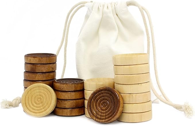 Classic Stackable Wooden Checkers in Natural Wood Color (24 Pieces); with Drawstring Cloth Storage Bag, 1 1/8 Inch