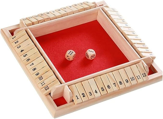 Dice Games Shut The Box Game，2PCS Red Classic 4 Sided Wooden Board Game Flip 12 Numbers Classic Tabletop Games Family Math Strategy Game for Christmas Party Classroom Home or Pub Bar