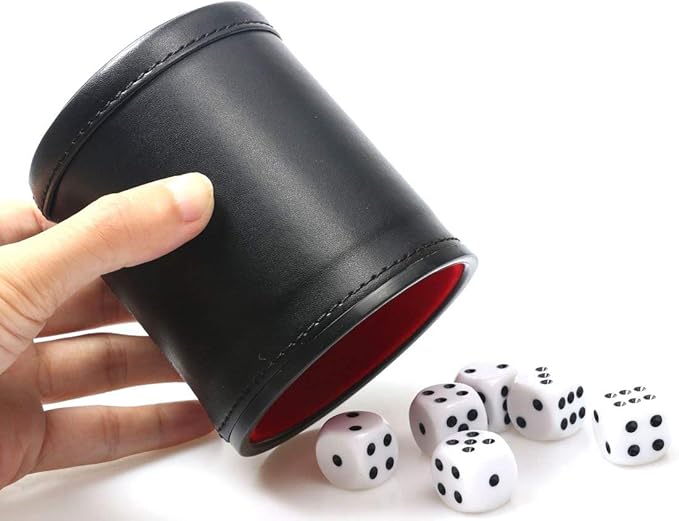 Felt Lined PU Leather Dice Cup Set with 6 Dot Dices (Black, Pack of 1)