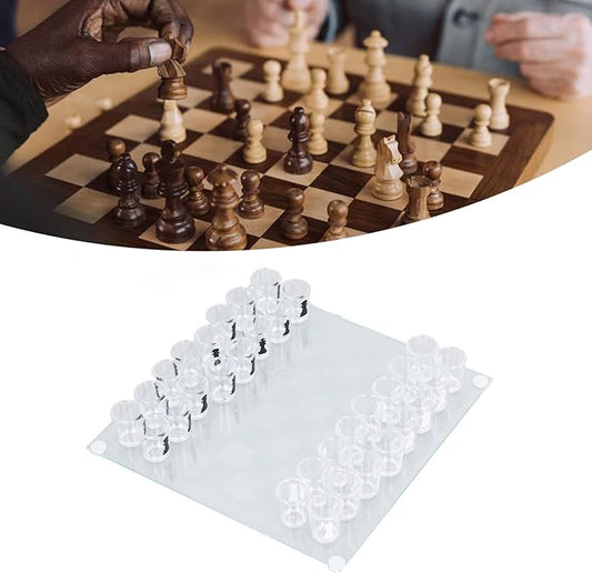 Glass Chess Game, Drinking Glass Chess Set, Chess Board with Glass Chess Pieces, for Travel for Camping