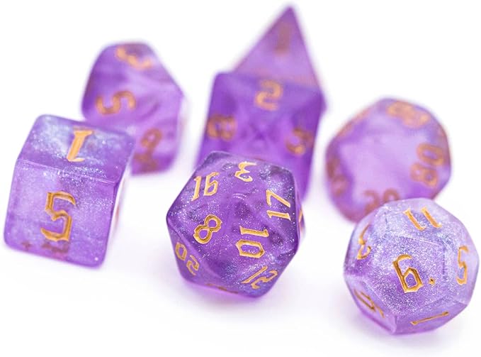 7-Die DND Dice Set Polyhedral Dice Set with a Leather Dice Bag, D&D Dice Set for Dungeons and Dragons, RPG, MTG Table Games (Purple/G)