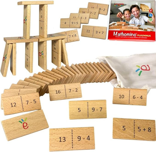 Math Domino Game for 1st & 2nd Grade | Wooden Algebra Dominoes Plus/Minus | Educational Learning Toy for Kids 6+ | Classroom, Homeschool & Teaching Supplies
