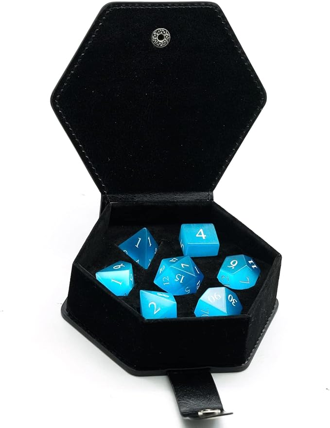 UDIXI Gemstone DND Dice Set 7PCS Stone D&D Polyhedral Dice for Dungeons and Dragons Table Games (Blue Cat's Eye)