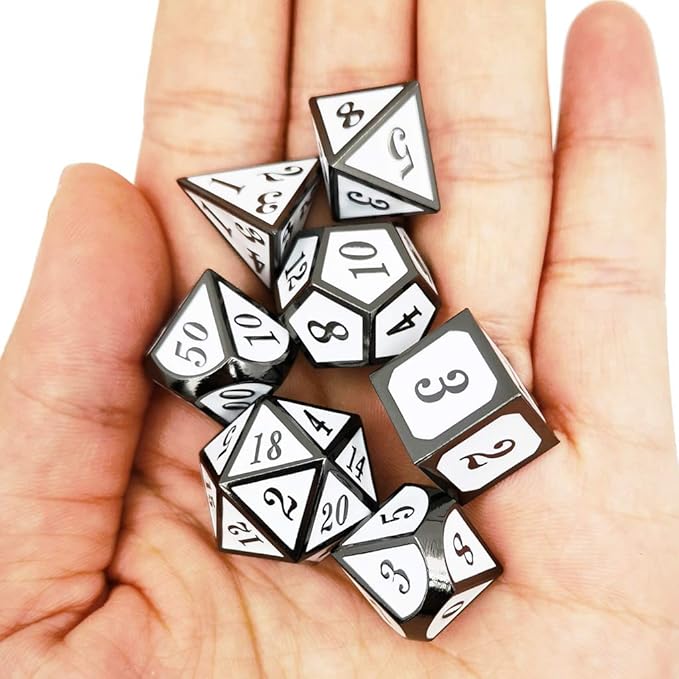 Haxtec 7 Die DND Metal Dice Set D&D 7PCS DND Dice of D20 D12 D10 D8 D6 D4 for Dungeons and Dragons RPG Games-Glossy Enamel Dice (Black White)