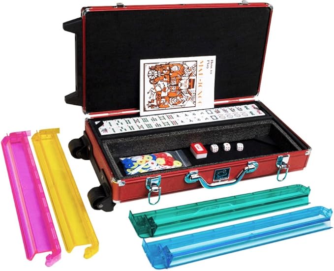 Set - Wheeled Aluminum Case - (White Tiles - Pusher Arms) American Mahjong Game Set, Red