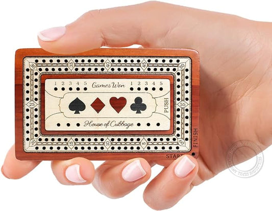 2 Track - Wooden Travel/Pocket Size Cribbage Board - 4 Inch - Inlaid in Bloodwood/Maple Wood with Storage Space for Cribbage Pegs - 60 Points - Non Continuous