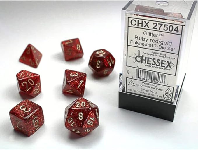 Glitter Polyhedral Ruby/Gold 7-Die Set, Ruby Red/Gold