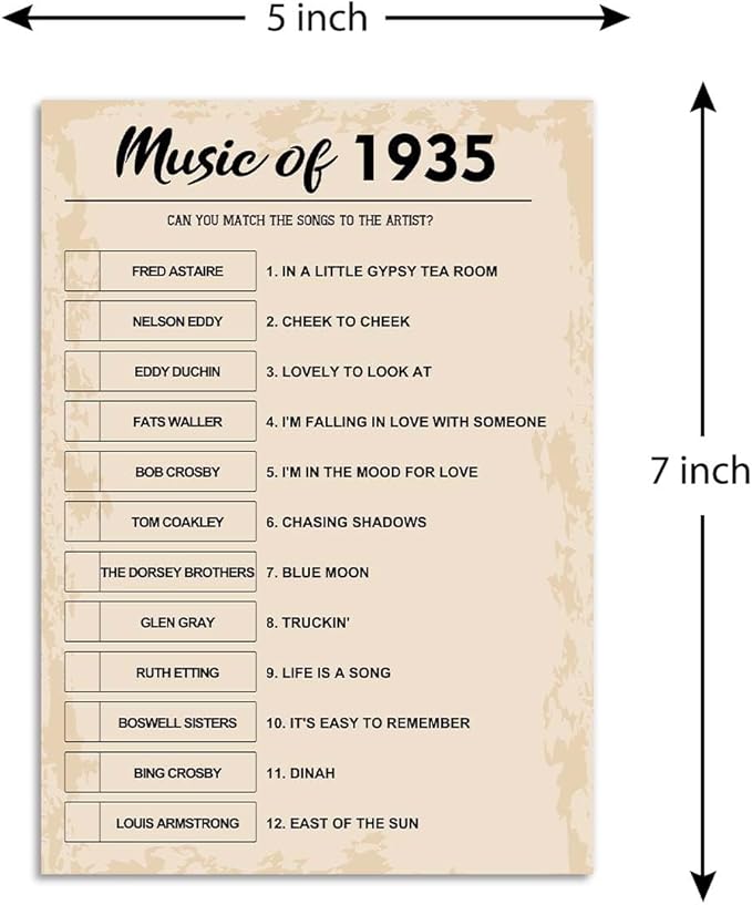 QUPT 90th Birthday Party Games, Music of 1935 Games, Birthday Party Supplies for Adults, Fun 1935s Party Game，Pack of 30 Cards