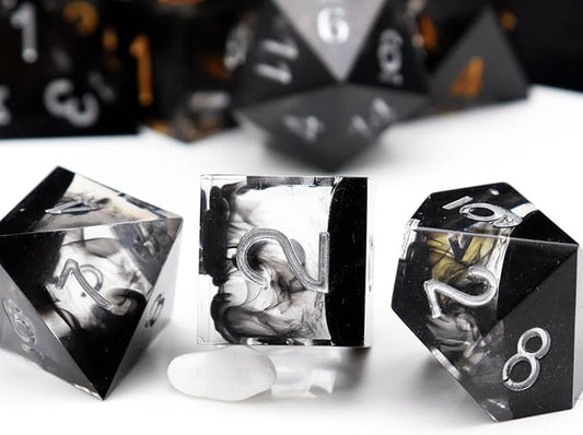 Haxtec Sharp Edge DND Dice Set - Black Swirls Resin Dice with Case for D&D RPG Role Playing Games