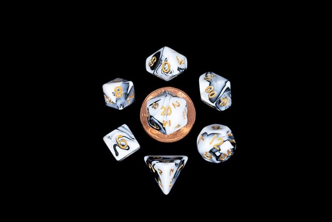 Black and White Marble Colored Poly Dice with Gold Numbers 10mm (3/8in) 7-Dice Set'