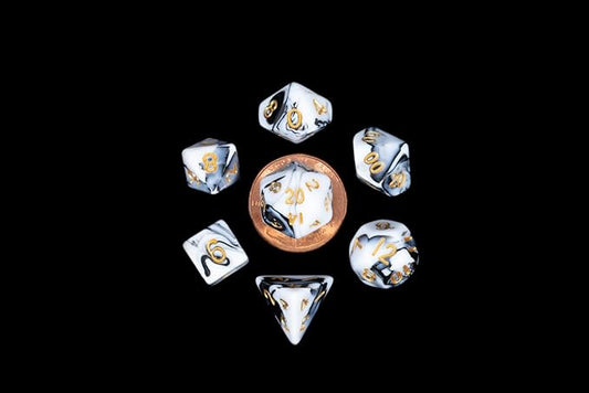 Black and White Marble Colored Poly Dice with Gold Numbers 10mm (3/8in) 7-Dice Set'