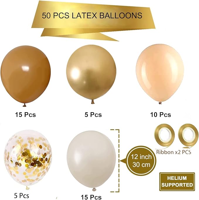Brown Sand White Neutral Balloons, 50pcs 12 inch Retro Apricot Balloons Brown Sand White Gold Confetti Party Balloons For Birthday Baby Shower Engagement Wedding Anniversary Party Decorations