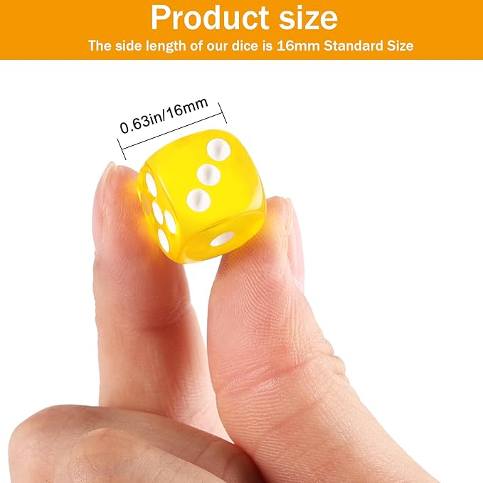 24 of Pack 16MM 6 Sided Dice Set,Translucent Colors D6 Game Dice Set, 6 Sided Standard Dices for Yahtzee, Bunco or Teaching Math,with Portable Dice Pouch(Yellow)