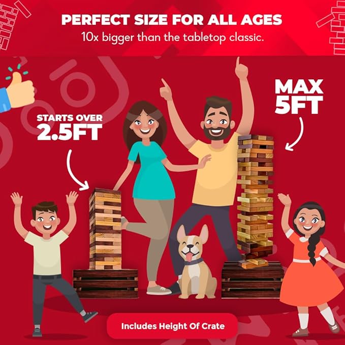 SWOOC Games - Reclaimed Giant Tower (Weather Resistant) 60 Blocks + Storage Crate/Outdoor Game Table | Stacks up to 5ft | Outdoor Table Games for Adults
