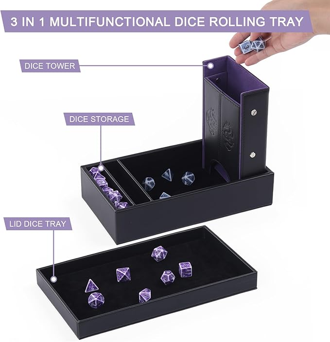 DND Dice Tower and Tray Set with Non-Scratch Felt Lined Rolling and Velvet Surface - Folding Auto Dice Roller Dice Rolling Tower for RPG Board and Table Games