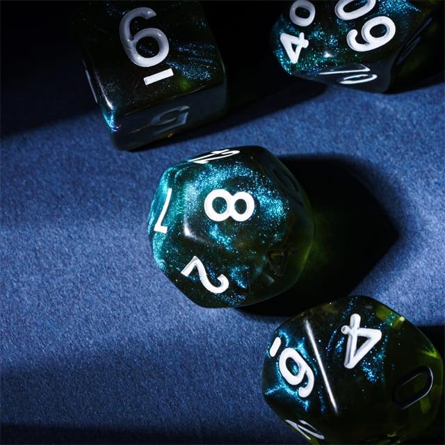7-Die DND Dice Set Polyhedral Dice Set with a Leather Bag, D&D Dice Set for Dungeons and Dragons, RPG, MTG Table Games (T/Yellow Green)