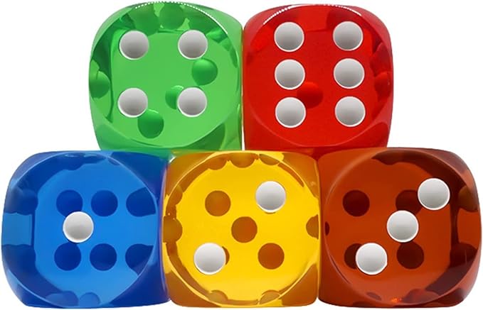 5pcs Professional-Grade Crystal Dice - 25mm Waterproof 6-Sided Precision Gaming Dice with Anti-Slip Numbers, Standard Size for Board Games, RPGs,Casino Nights (Transparent Color Set)