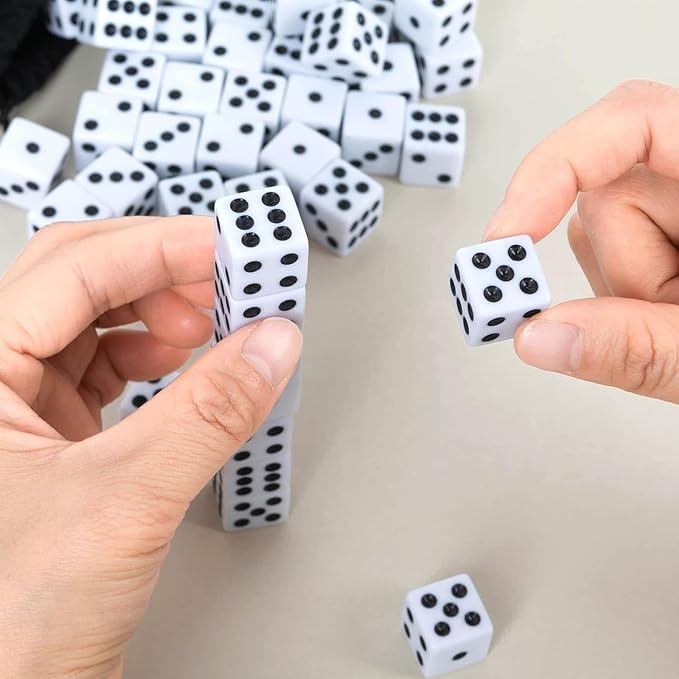 100 Pack 16MM White Dice - Six Sided Standard Opaque White Dice with Black Pips Dots for Board Games (100 Pack)