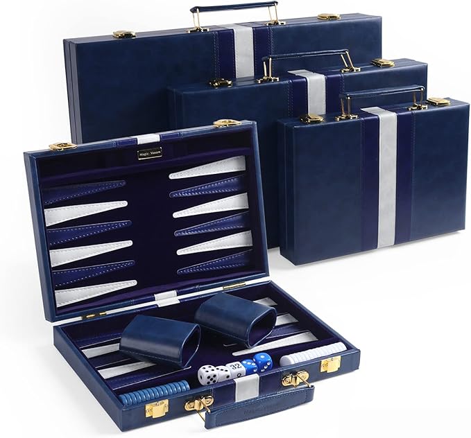 Travel Small 11 Inch Backgammon Blue Sets Classic Board Game with Premium Leather Case, Portable Travels Strategy Backgammon Game Set for Adults, Kids (Blue, Small)