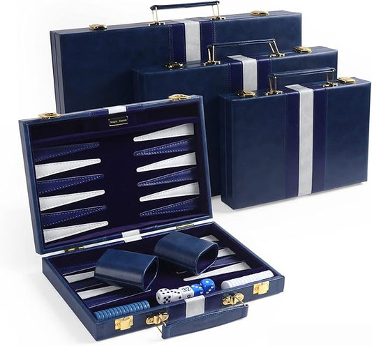 Travel Small 11 Inch Backgammon Blue Sets Classic Board Game with Premium Leather Case, Portable Travels Strategy Backgammon Game Set for Adults, Kids (Blue, Small)