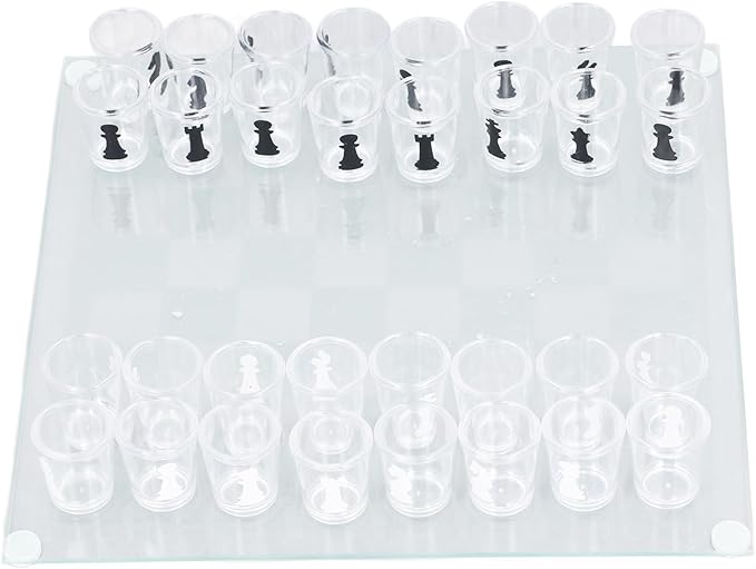 Glass Chess Game, Drinking Glass Chess Set, Chess Board with Glass Chess Pieces, for Travel for Camping