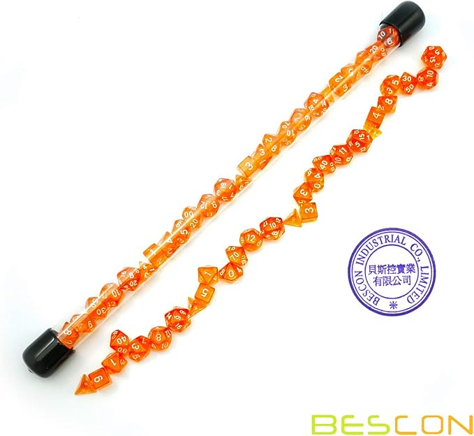 Bescon 28pcs Translucent Orange Mini Polyhedral Dice Set in Tube, Dungeons and Dragons RPG Dice 4X7pcs,Mini Gem Dice Set