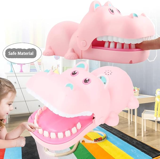 Watris Veiyi Cartoon Hippo Mouth Toy with Teeth, Alligator Teeth Game, Hippo Dentist Toy for Playing Training, Gags Joke Toy, Bite Finger Board Game for Kid Parent-Child Activities