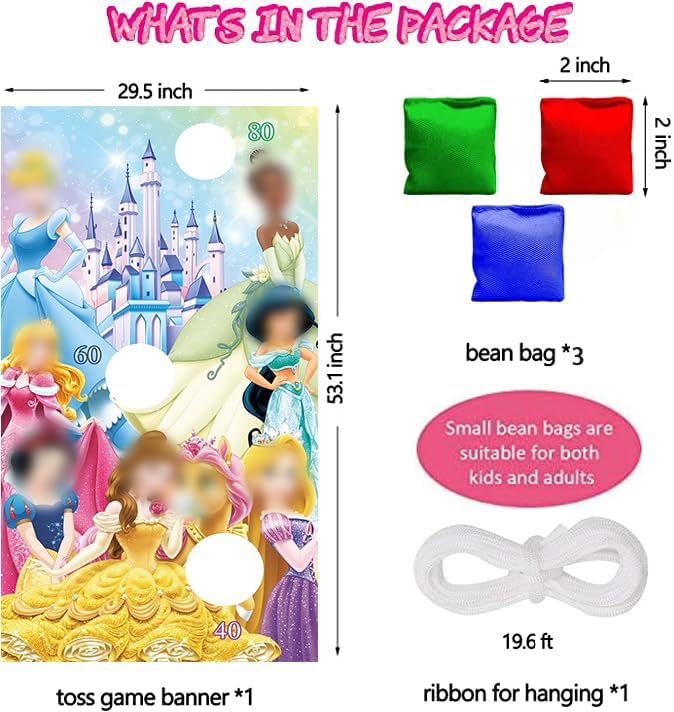 Princess Toss Game Banner with 3 Bean Bags for Girls Birthday Indoor Outdoor Throwing Games Princess Party Decoration Supplies
