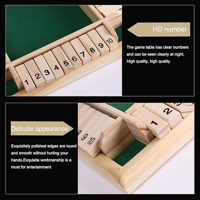 Wooden Shut The Box Game, 10-Number Dice Game for 2-4 Players, for Parties and Friends Gatherings, Classic Tabletop Board Game