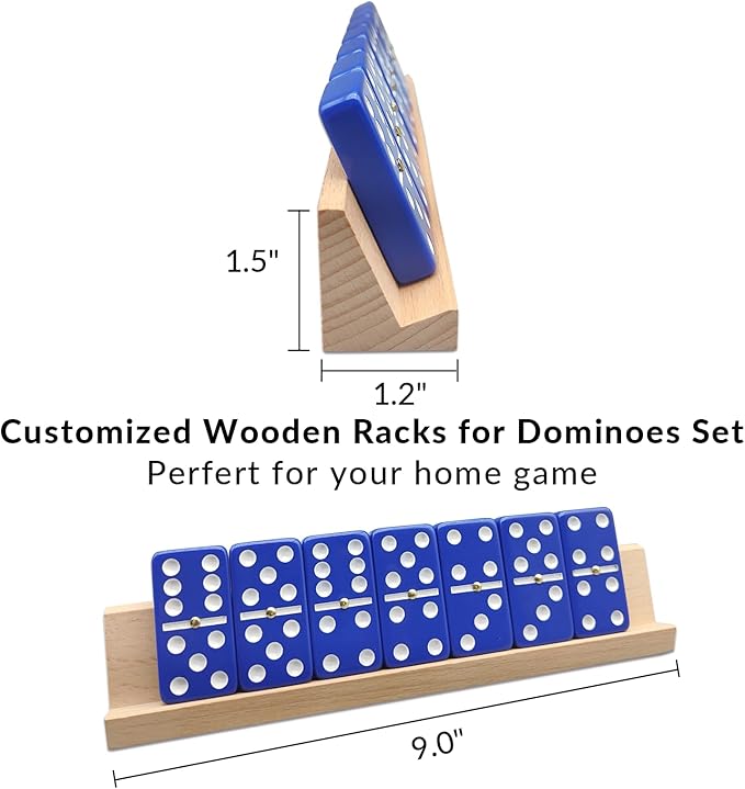 Dominoes Set for Adults with 4 Wooden Racks/Trays, Double Six Travel Portable Case 6 Tiles Holders, 28 Dominos Family Board Games - Blue