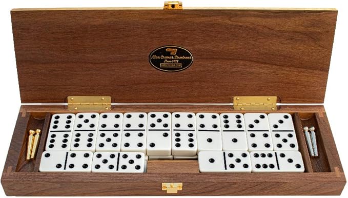 Alex Cramer Le Club Luxury Domino Set with Handcrafted Walnut Case and Cribbage/Counter Top - Tournament Quality 28 Indestructible (Domino Set with Personalized Brass Plate)