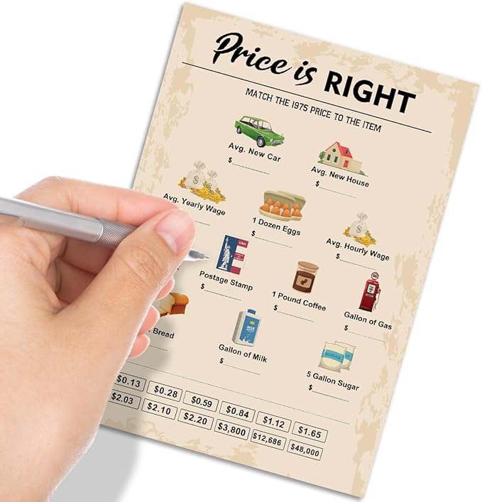 QUPT 50th Birthday Party Games, Price is Right Games, Birthday Party Supplies for Adults, Fun 1975s Party Game，Pack of 30 Cards
