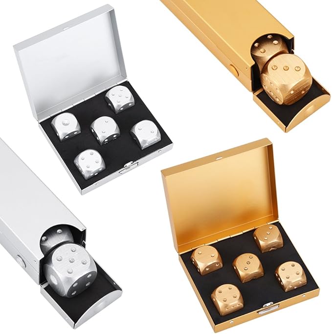 Precision Aluminum Alloy Dice Solid Metal Dice Set Table Game Dice Poker Games Dices Set with Case 5pcs (Gold Square Box) Black and Gold dice