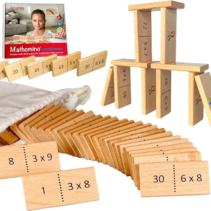 Multiplication Domino Math Game | Wooden Educational Algebra Toy | Learning Times Tables Dominoes for Classroom, Homeschooling 3rd 4th Grade MATHOMINO