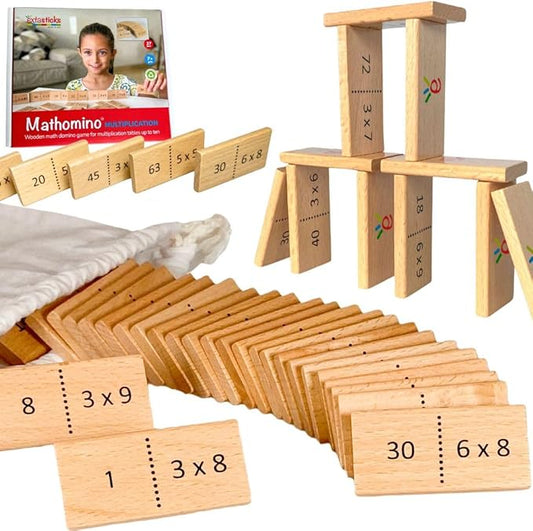 Multiplication Domino Math Game | Wooden Educational Algebra Toy | Learning Times Tables Dominoes for Classroom, Homeschooling 3rd 4th Grade MATHOMINO