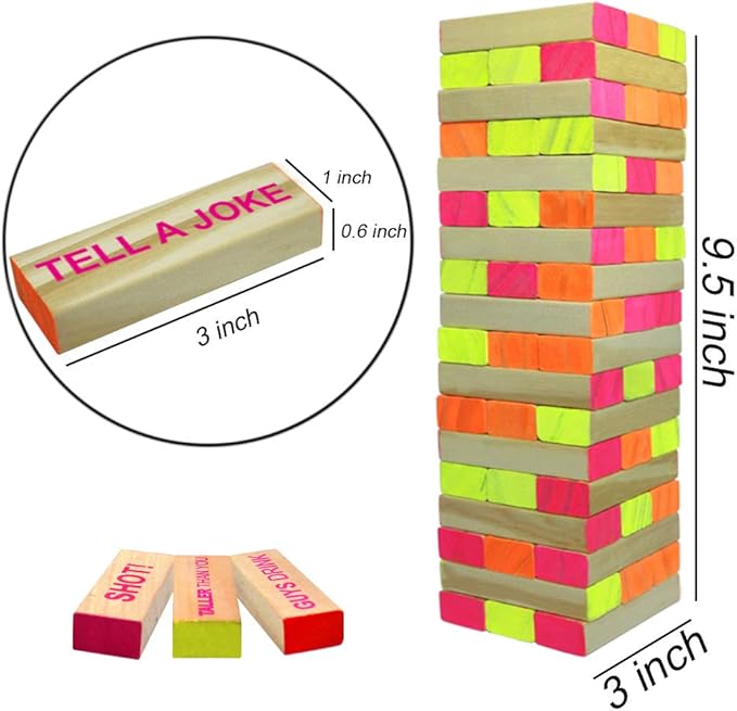 Drinking Games for Adults Party, Black Light Tumble Tower -Glowing Drinking Games Suitable for Day Or Night, 54 Blocks with Hilarious Drinking Commands, Stacking Games for adults party