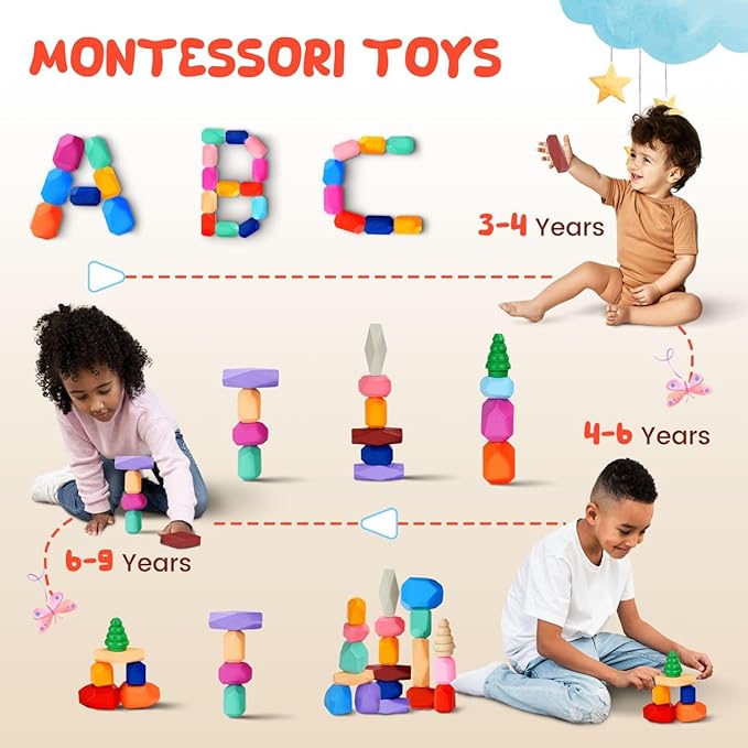 40 Pcs Wooden Stacking Rocks & Sensory Learning Toys for Ages 3-9 | Develops Motor Skills & Creativity for Girl or Boy - Stacking Blocks for Birthday Gift